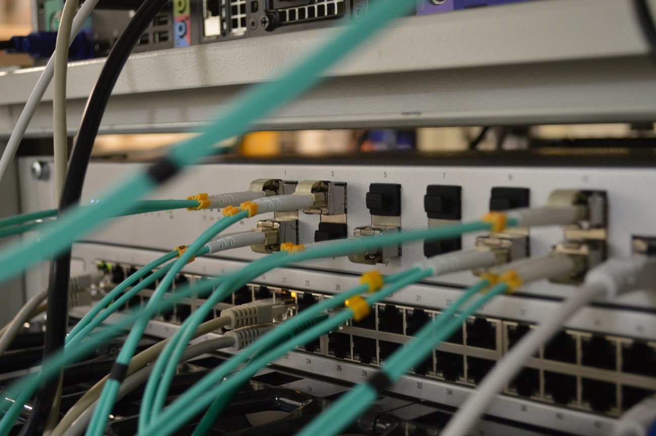Network switch with patch cables running to camera and access control equipment